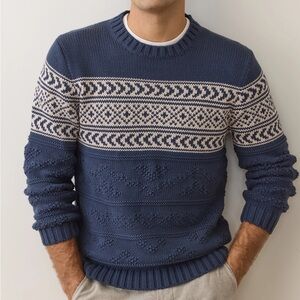 Marine Layer Erik Navy and Cream Fair Isle Organic Cotton Textured Sweater